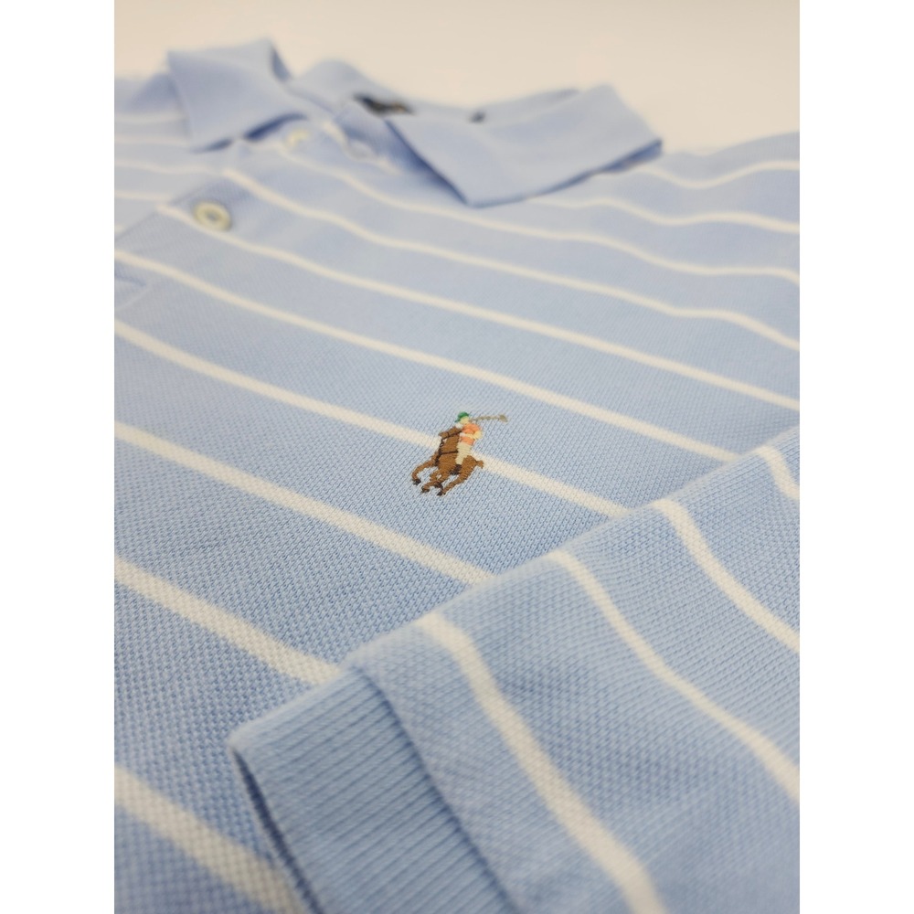 Polo Ralph Lauren Mens XXL Classic Fit Striped Pique Polo Shirt Light Blue White